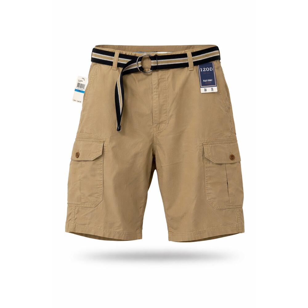 NWT IZOD Khaki Cargo Shorts Men 36 Flat Front Cotton Belted Classic Fit